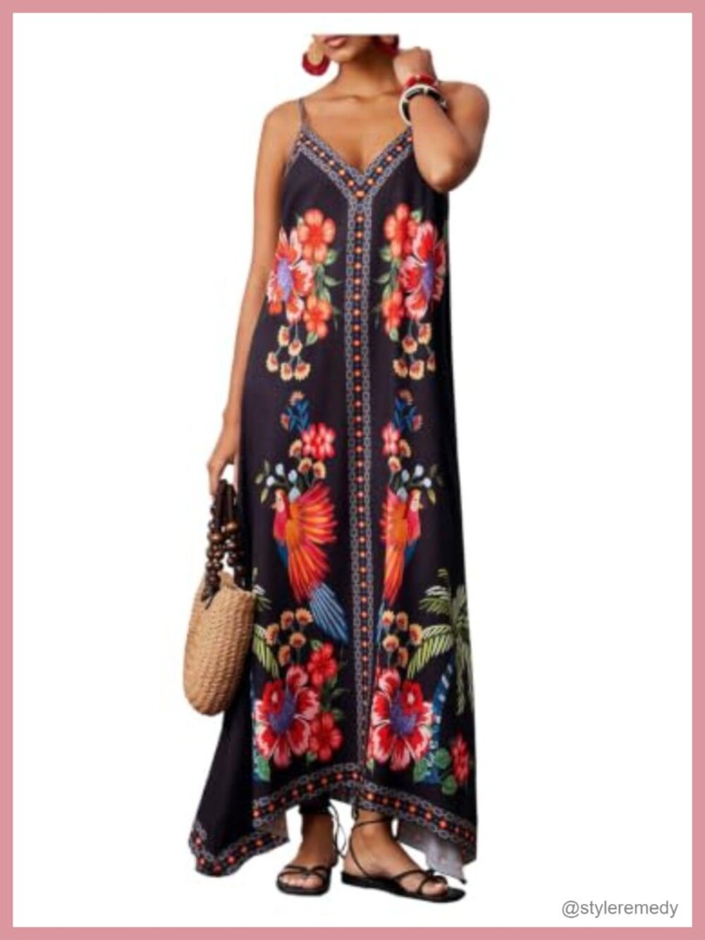 Women's Boho Floral Print Maxi Dress Spaghetti Strap Sundress